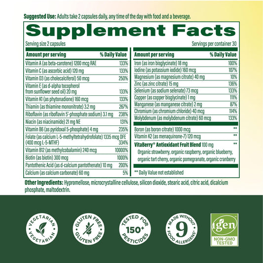 Capsules close-up showing vegetarian formula for daily nutrients