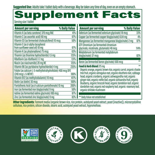 MegaFood Women’s Multivitamin label showing ingredients and nutrients at a glance