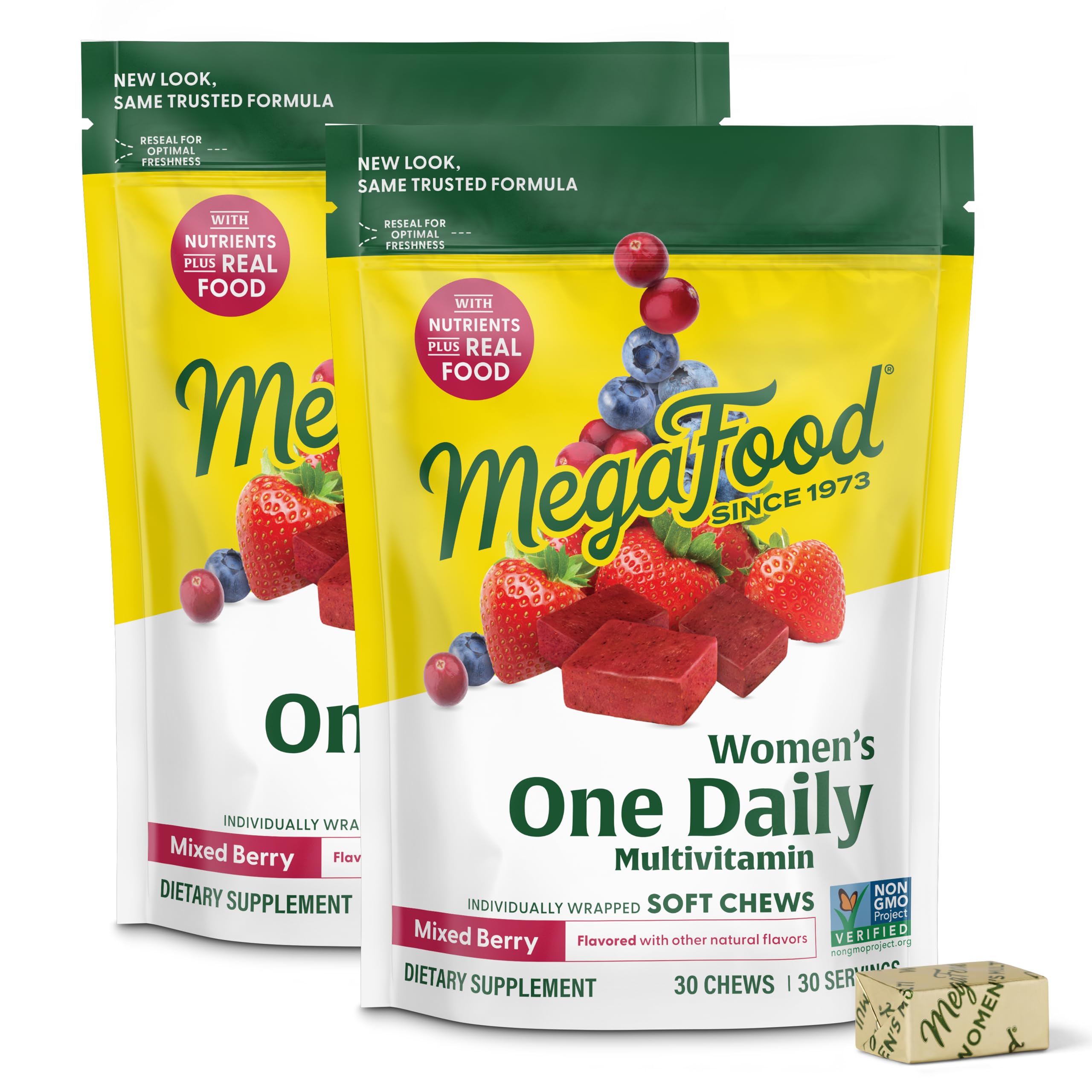 MegaFood Womens Multivitamin soft chews in bottle highlight daily immune and energy support.