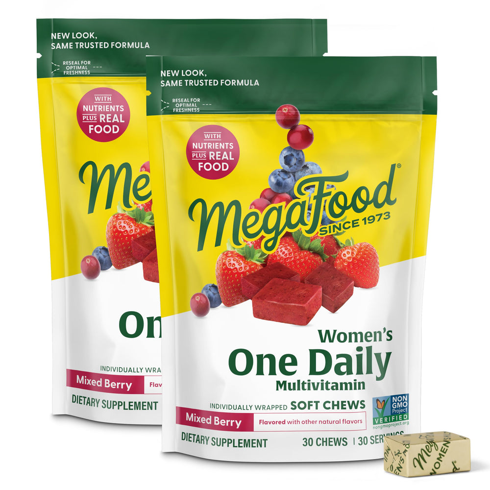 MegaFood Womens Multivitamin soft chews in bottle highlight daily immune and energy support.