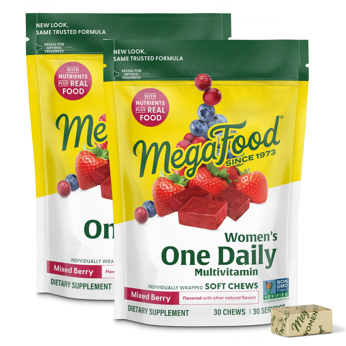 MegaFood Womens Multivitamin soft chews in bottle highlight daily immune and energy support.
