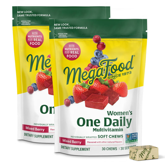 MegaFood Womens Multivitamin soft chews in bottle highlight daily immune and energy support.