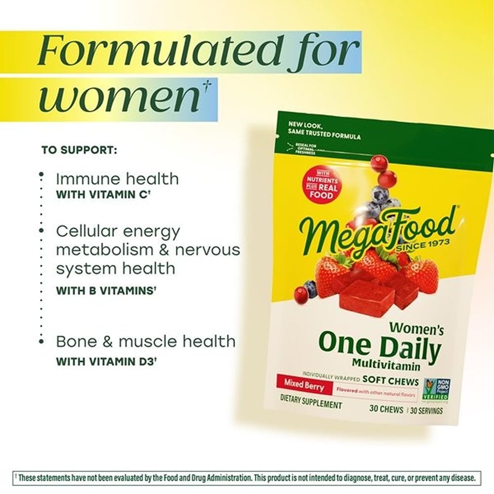 Close-up of MegaFood berry-flavored chews conveying tasty daily vitamin intake.