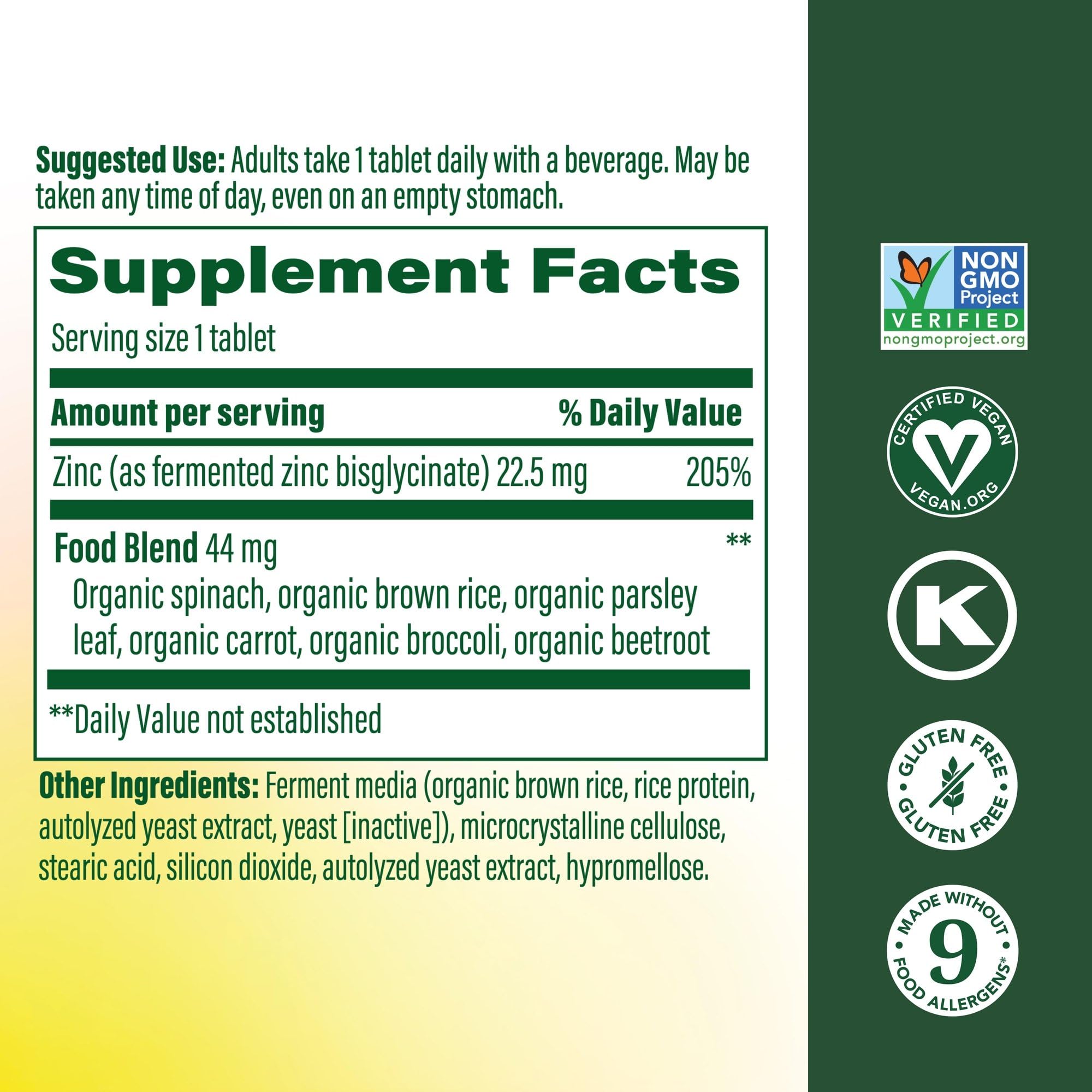 MegaFood zinc 22.5mg label highlights zinc potency for daily intake