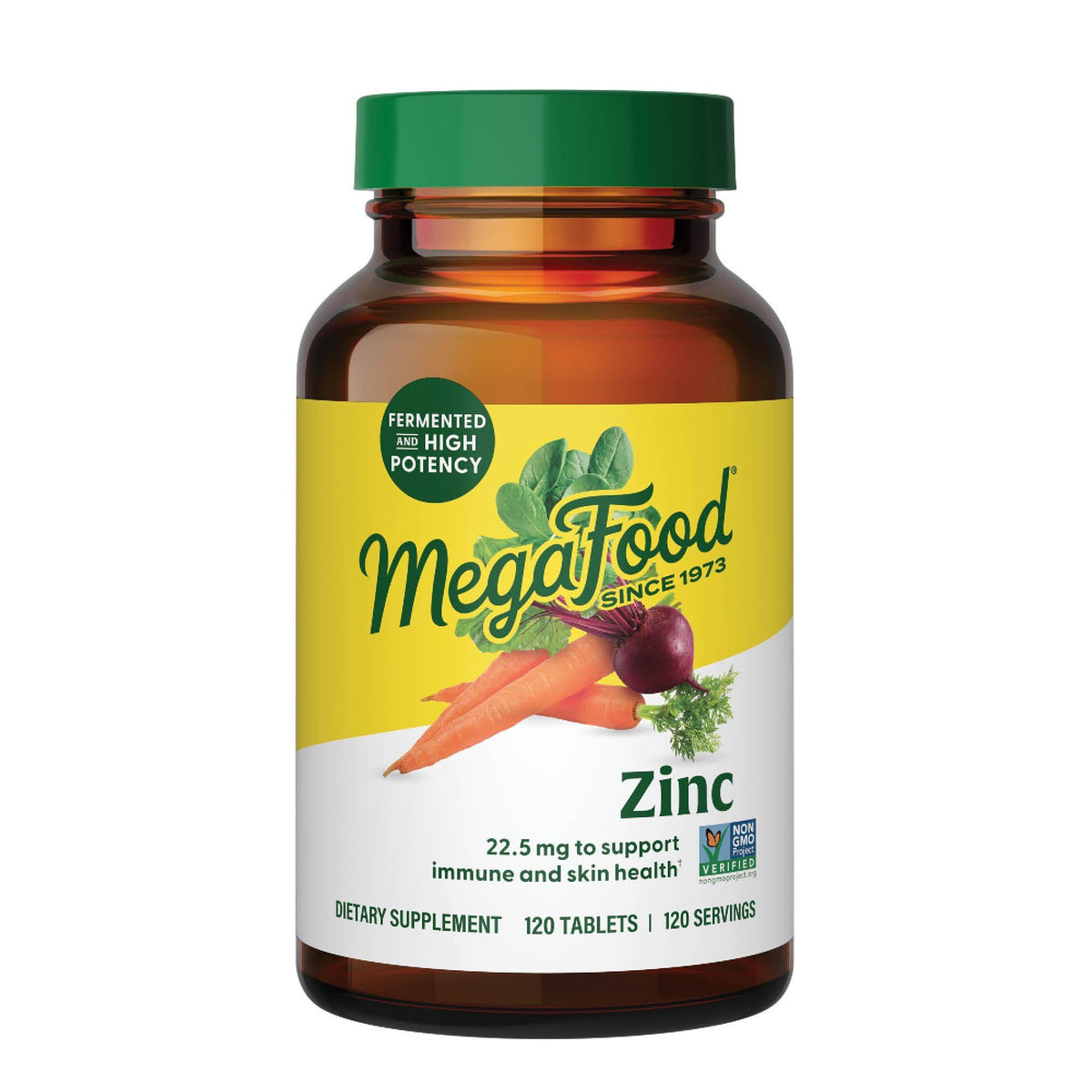 MegaFood Zinc tablets bottle showing high potency immune support for daily use
