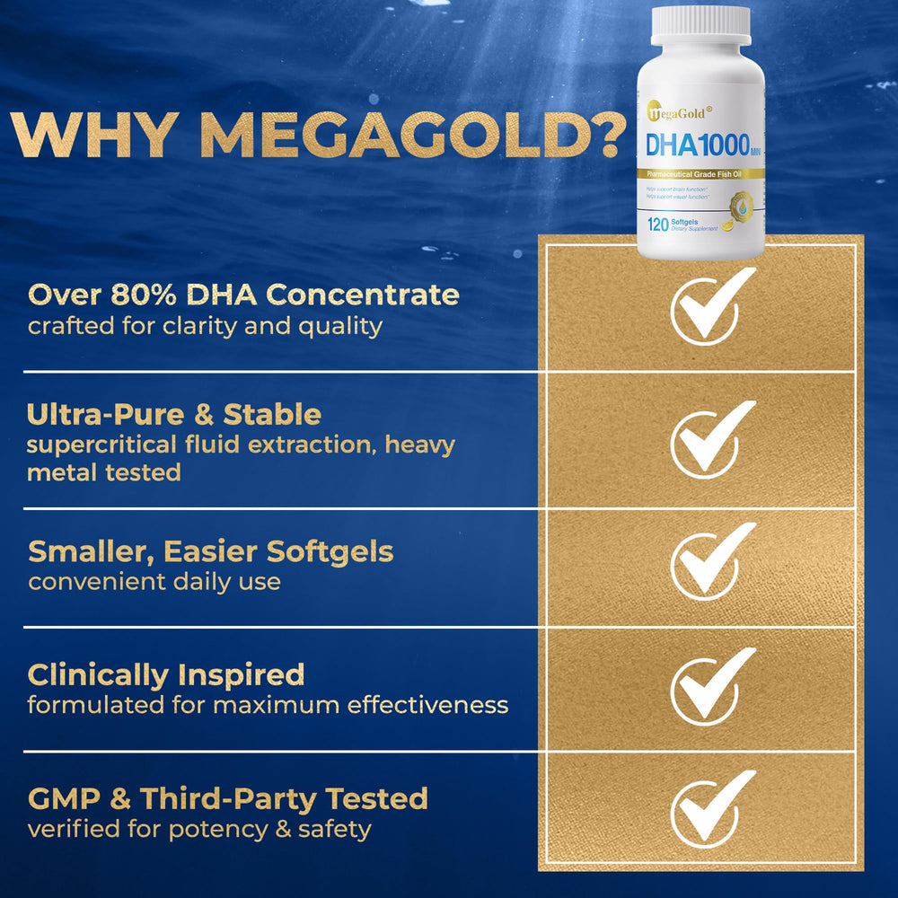 MegaGold DHA 1000 packaging design with clean visuals.