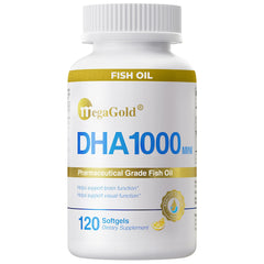 MegaGold DHA 1000 softgel with lemon flavor, easy daily omega-3 support.