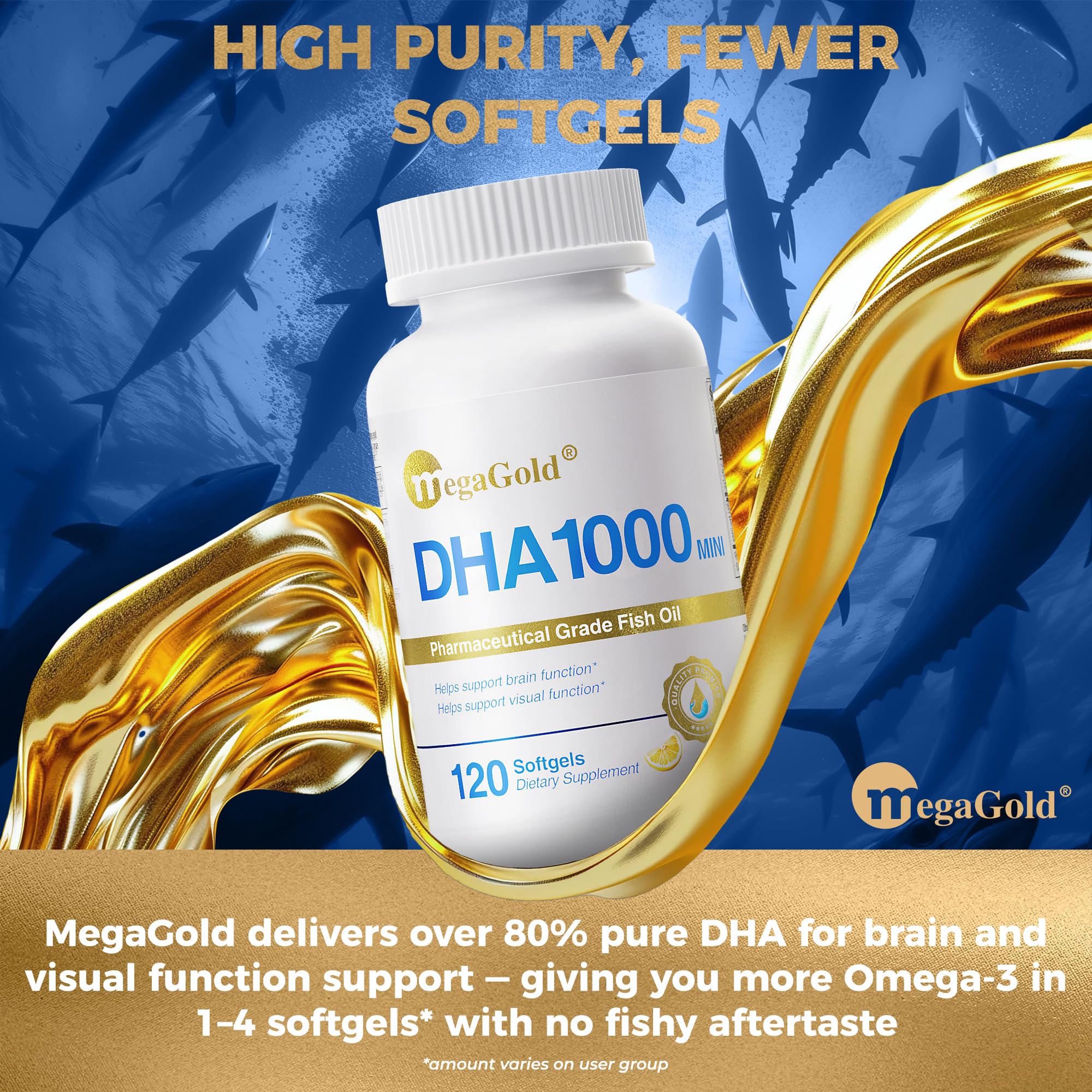 MegaGold DHA 1000 small softgel, effortless swallow for daily use.