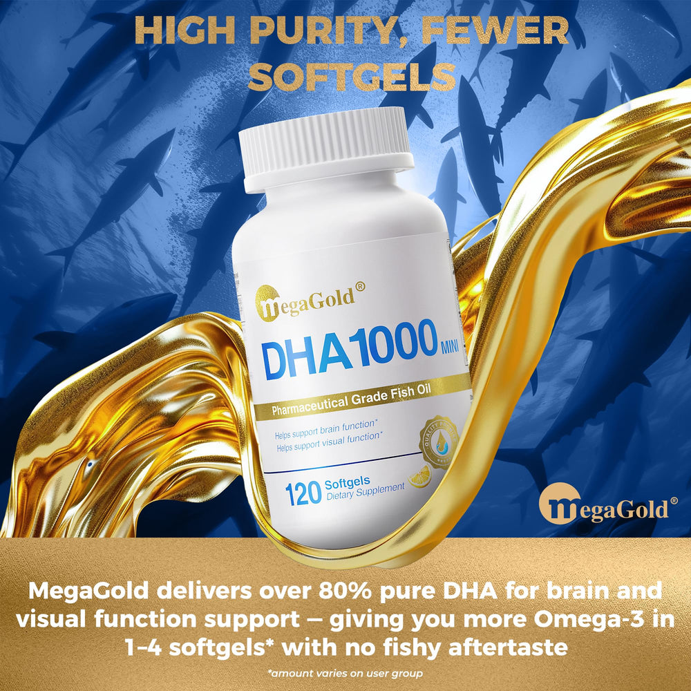 MegaGold DHA 1000 small softgel, effortless swallow for daily use.
