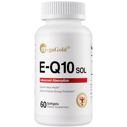Megagold E-Q10 Sol softgel front view supports heart health and daily energy.