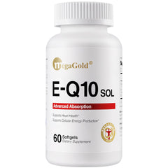 Megagold E-Q10 Sol softgel front view supports heart health and daily energy.