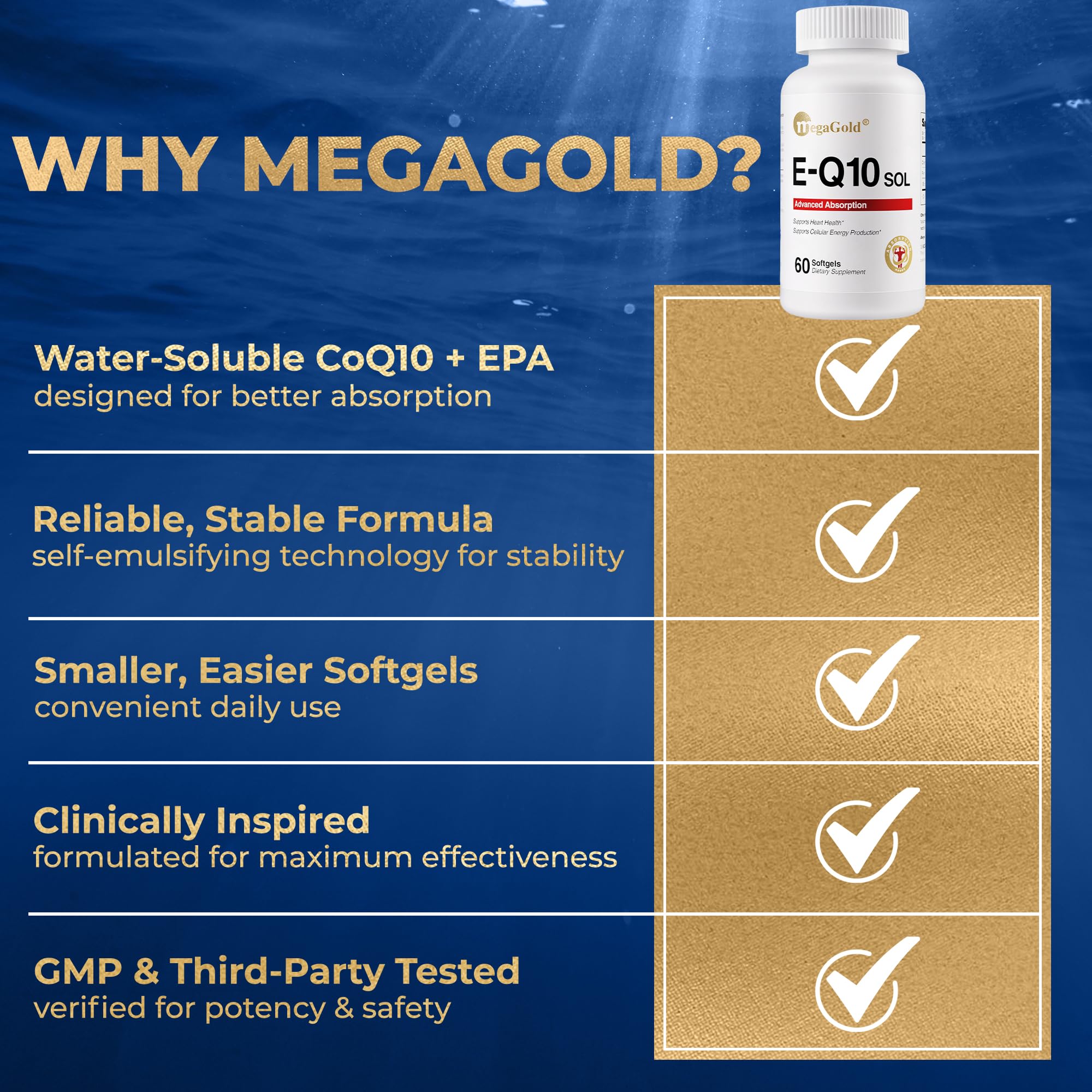 Megagold E-Q10 Sol on kitchen counter promotes easy daily use.