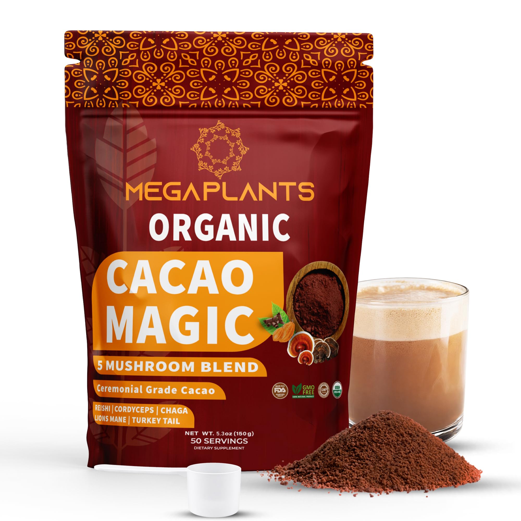 MEGAPLANTS Cacao Magic bottle pour for a naturally energizing chocolate drink.