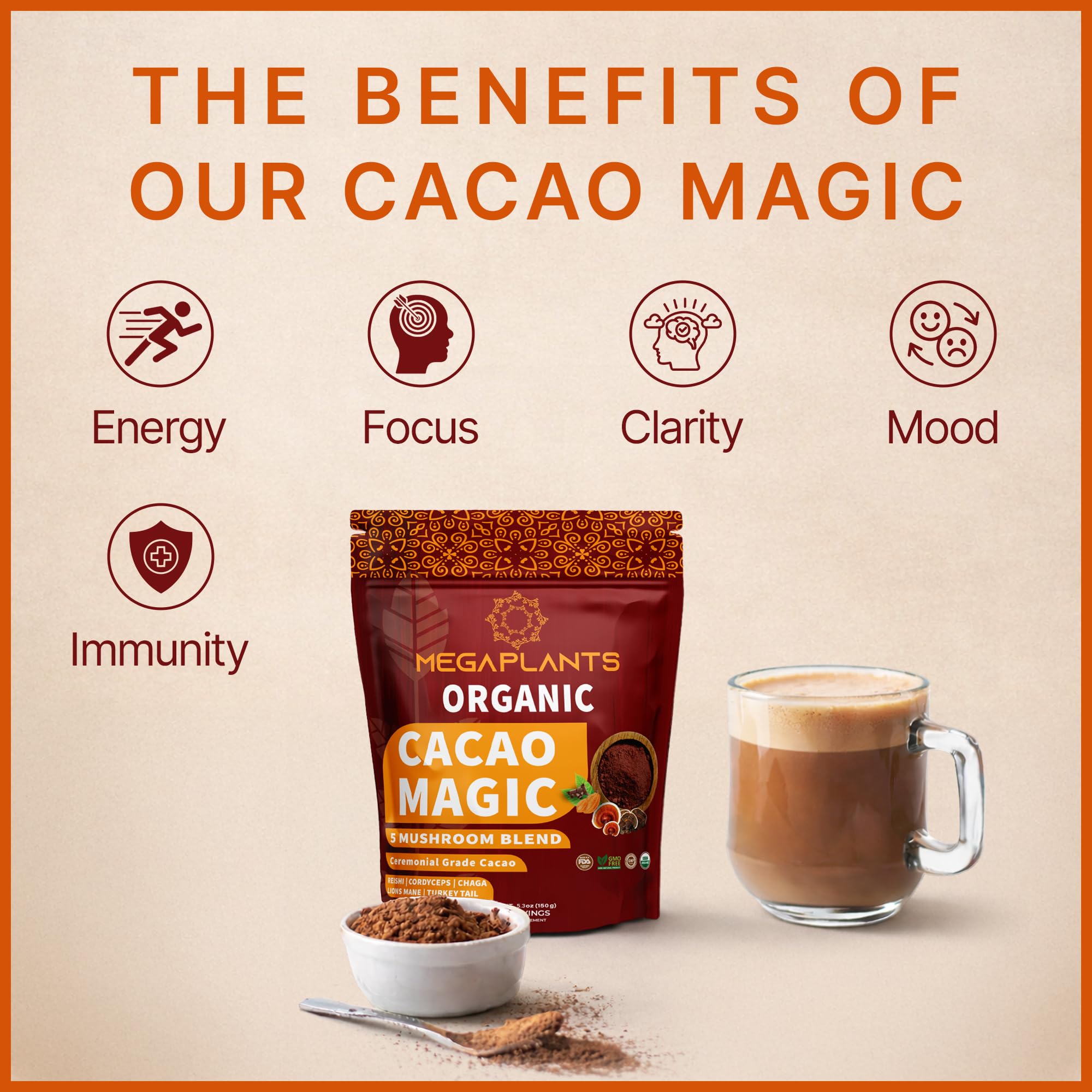 MEGAPLANTS Cacao Magic mug with steam, ideal as a cozy coffee alternative.
