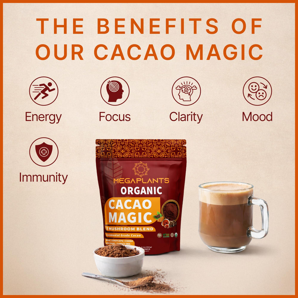 MEGAPLANTS Cacao Magic mug with steam, ideal as a cozy coffee alternative.