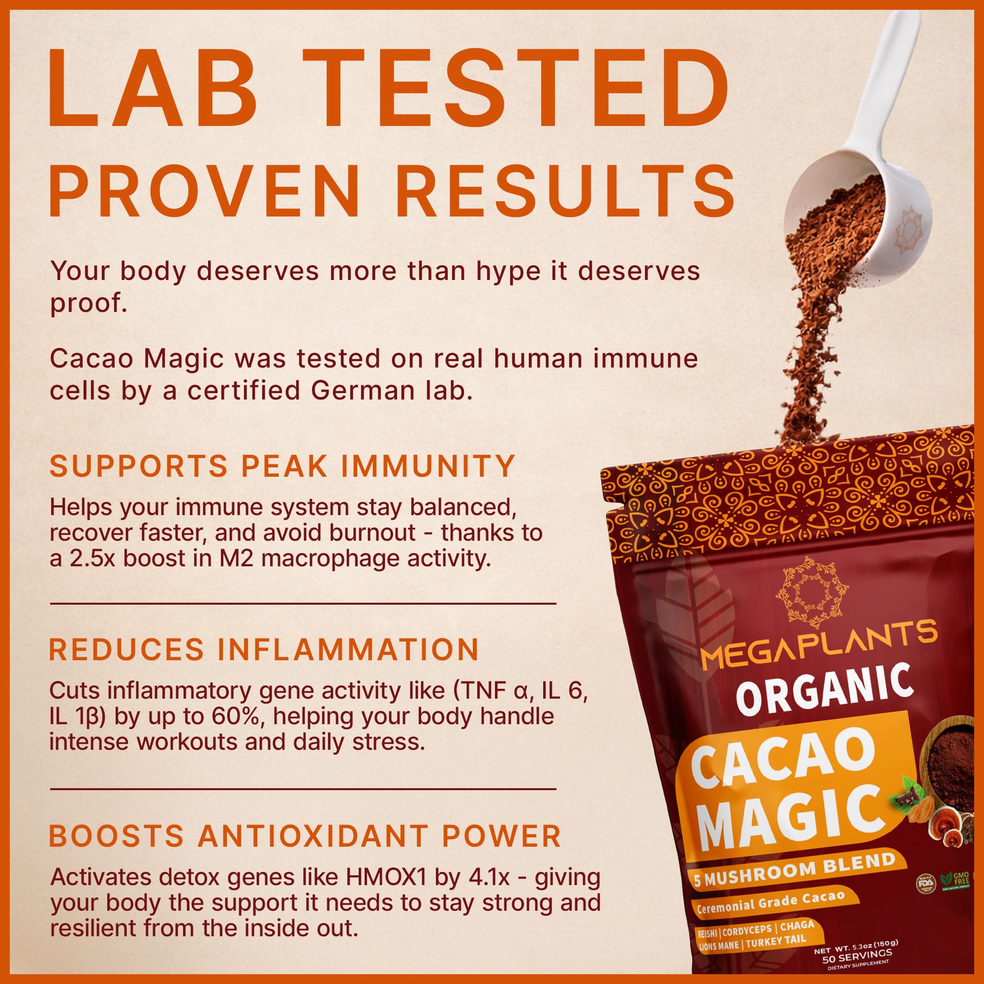 MEGAPLANTS Cacao Magic scoop measuring the blend for a quick boost.