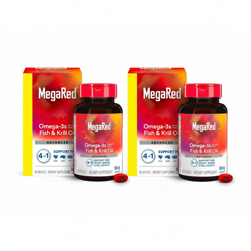 MegaRed Advanced4in1 softgels bottle for daily omega-3 support, potentially aiding heart and joint comfort.