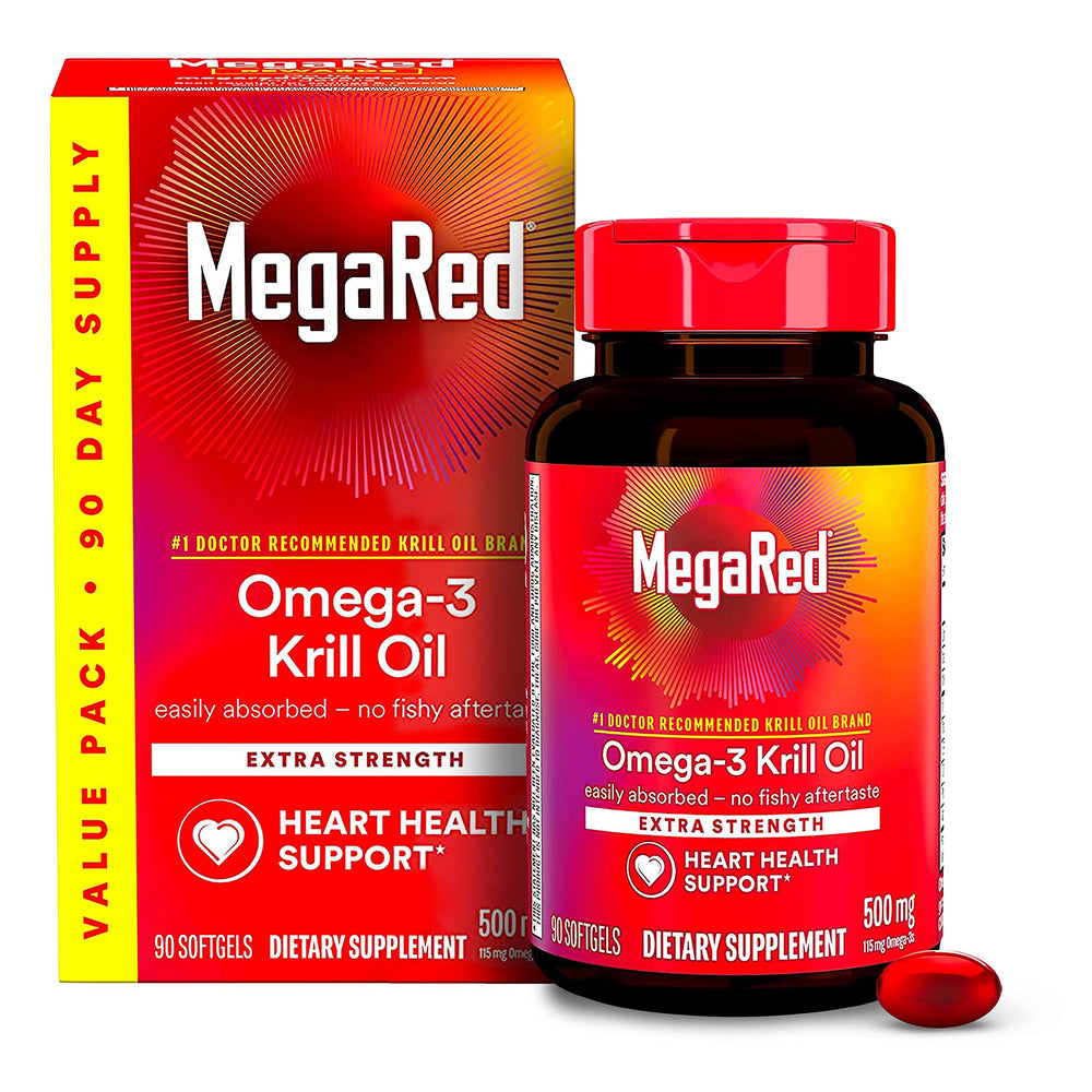 MegaRed Antarctic Krill Oil bottle with 90-count package for daily omega-3 support.