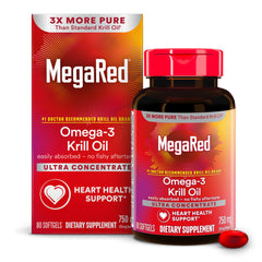 MegaRed Antarctic Krill Oil bottle on a kitchen counter for heart-healthy omega-3