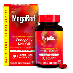 MegaRed Antarctic Krill Oil bottle with 90-count package for daily omega-3 support.