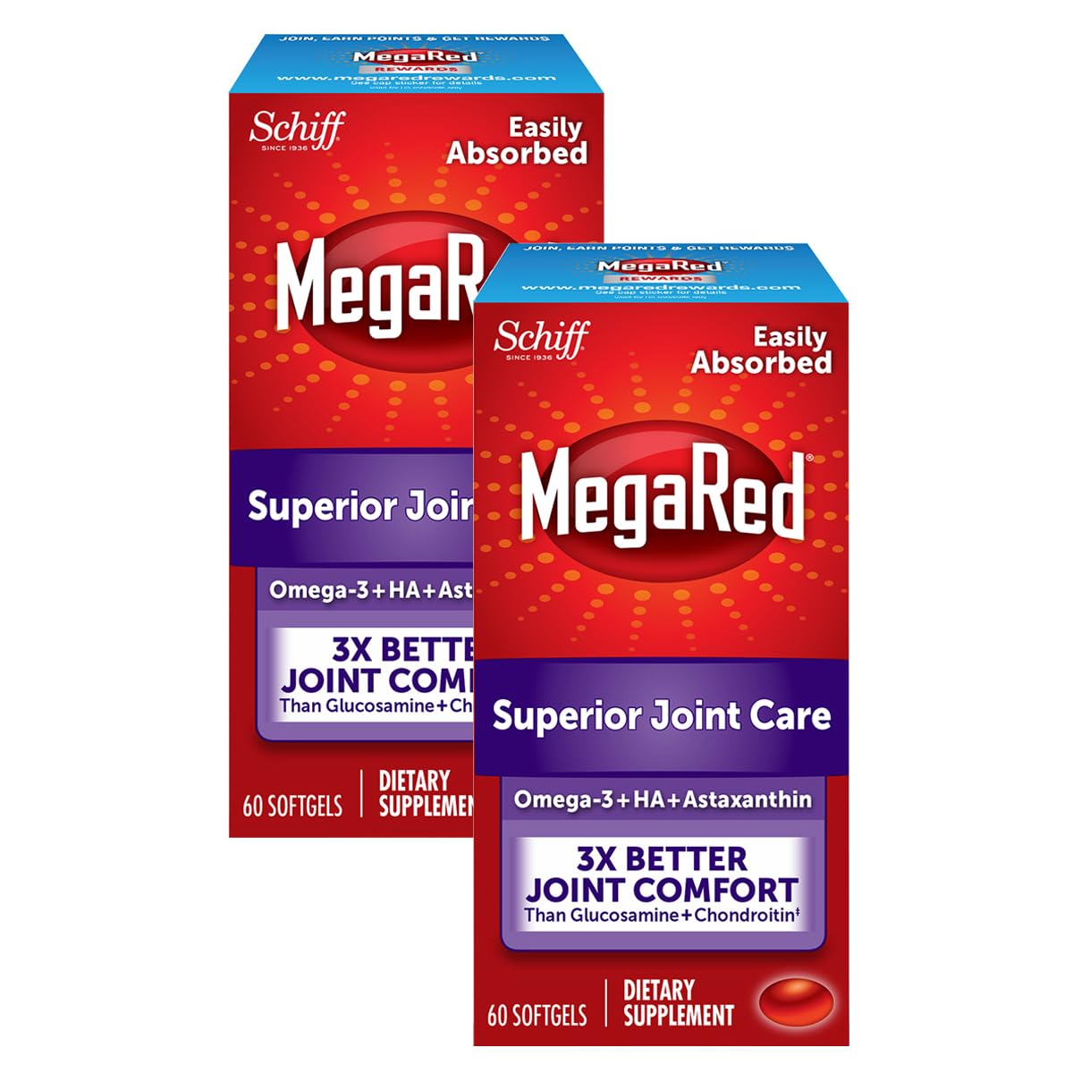 MegaRed omega-3 krill oil softgel bottle for daily joint support.