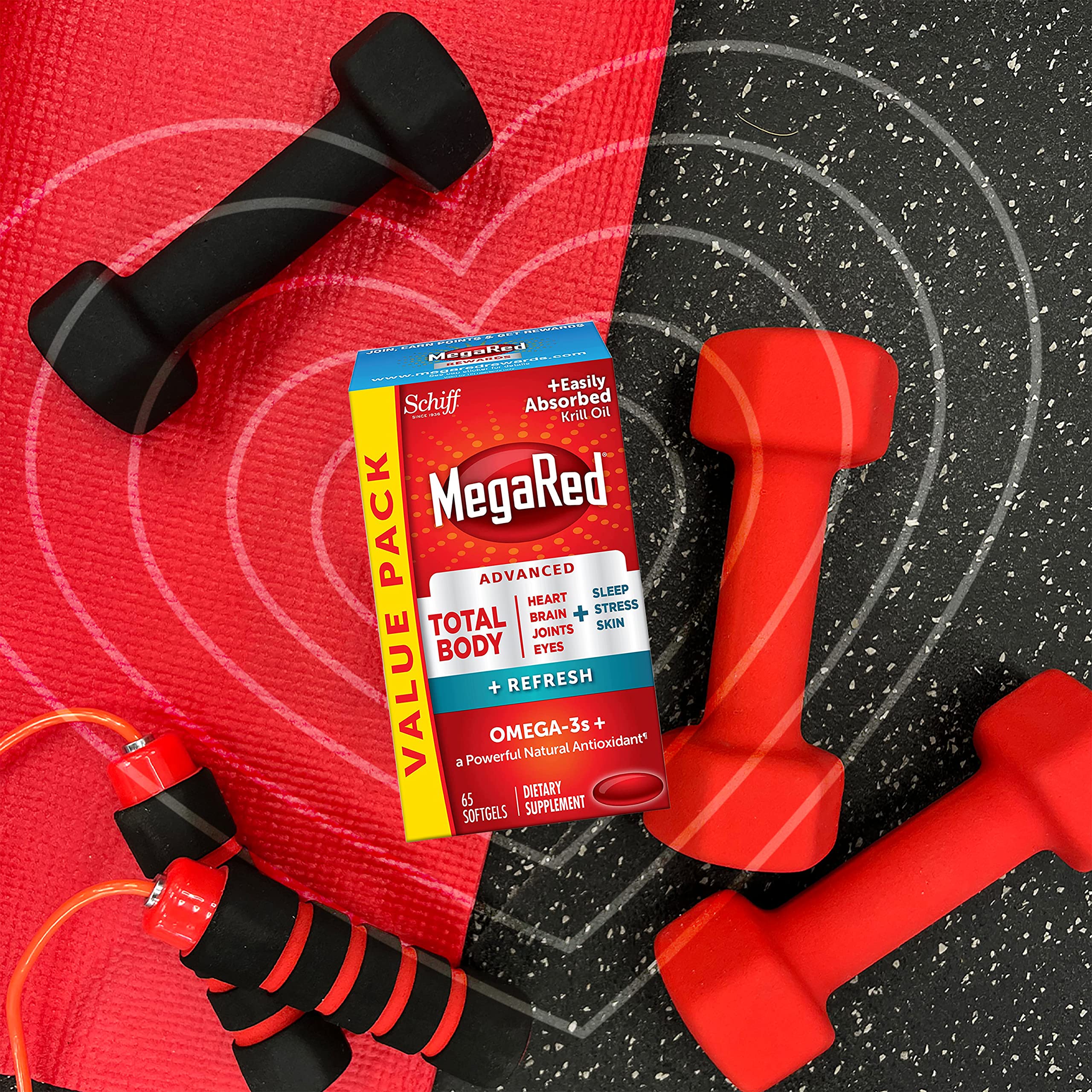 Packaging display of MegaRed Total Body + Refresh omega-3 and antioxidant blend for daily wellness.