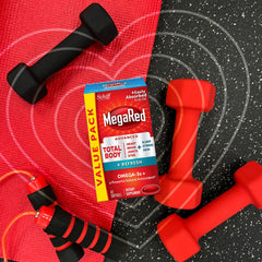 Packaging display of MegaRed Total Body + Refresh omega-3 and antioxidant blend for daily wellness.
