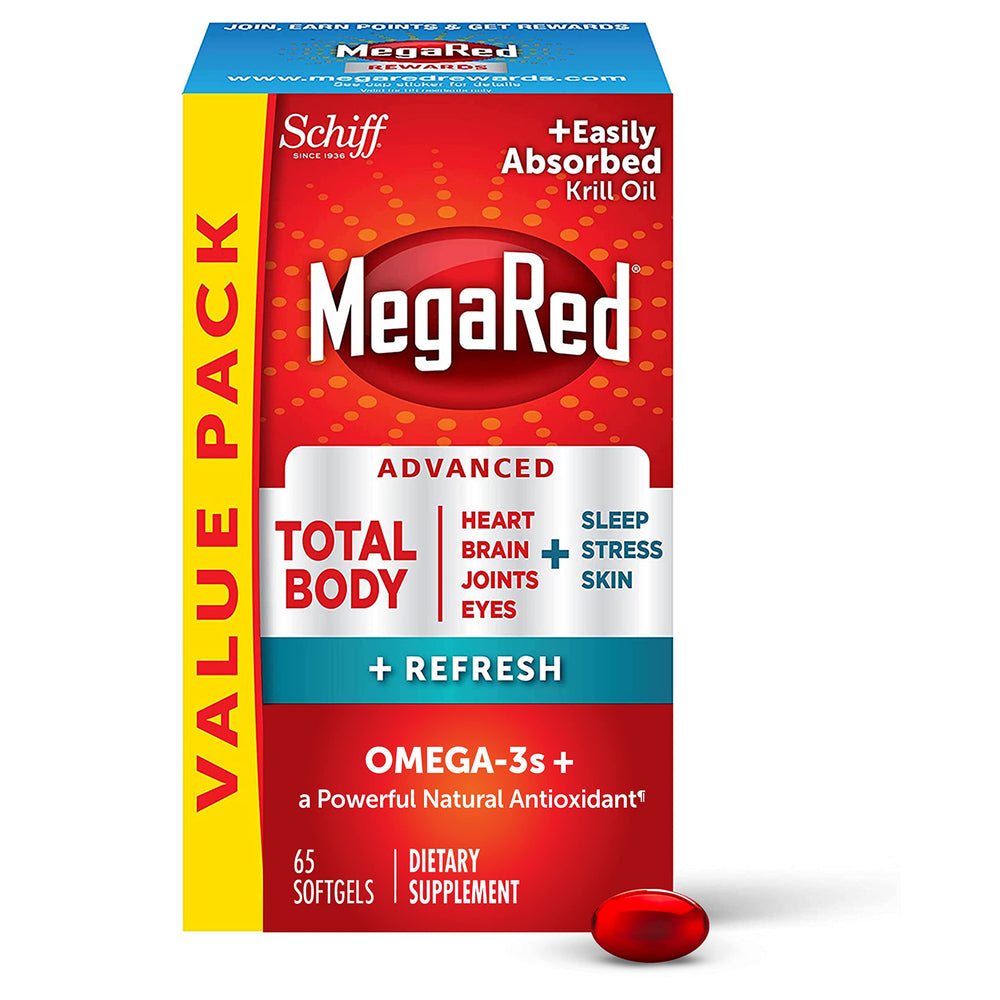 MegaRed Total Body + Refresh softgels bottle on countertop for daily heart and joint support.