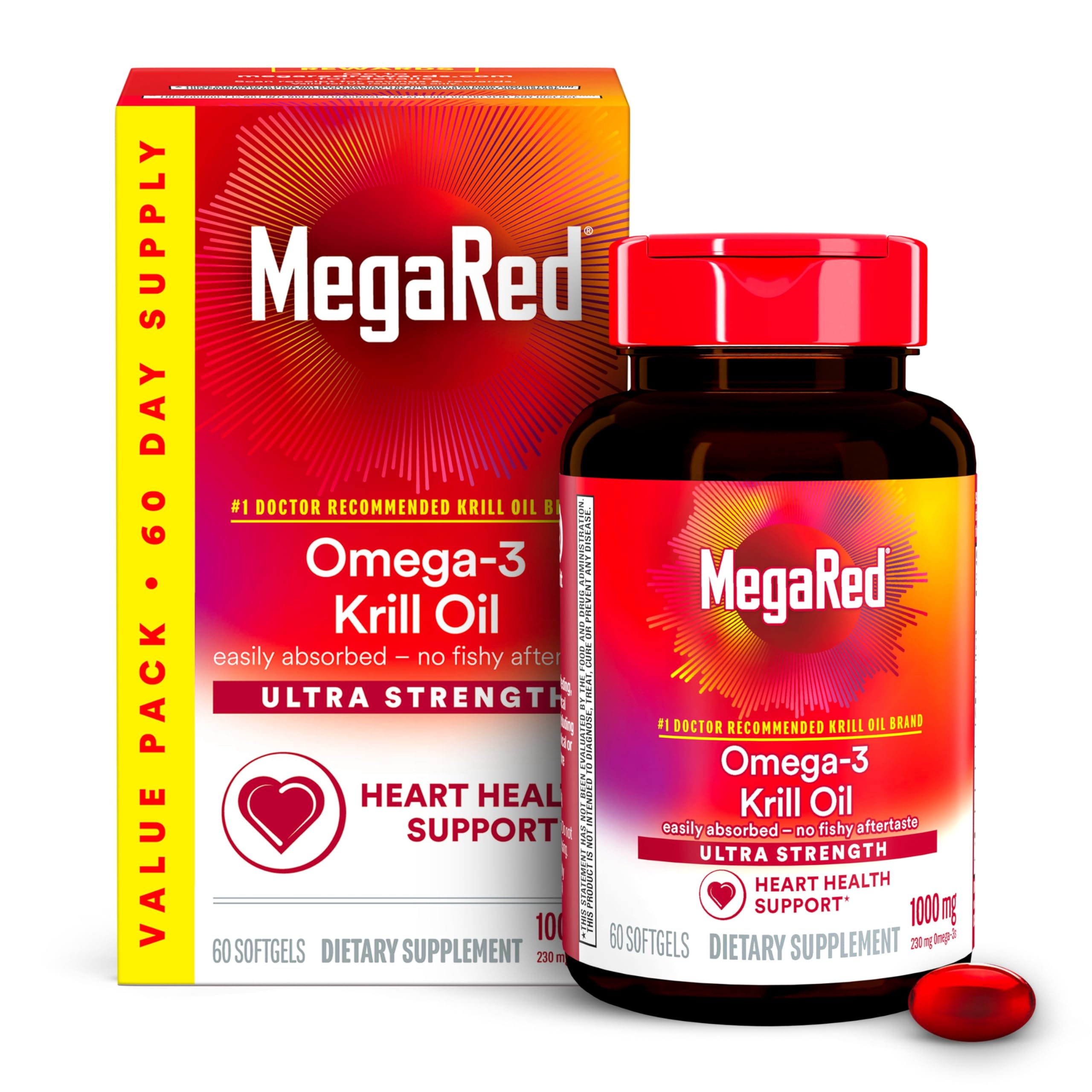 MegaRed Ultra-Strength krill oil bottle with softgels for everyday heart support.