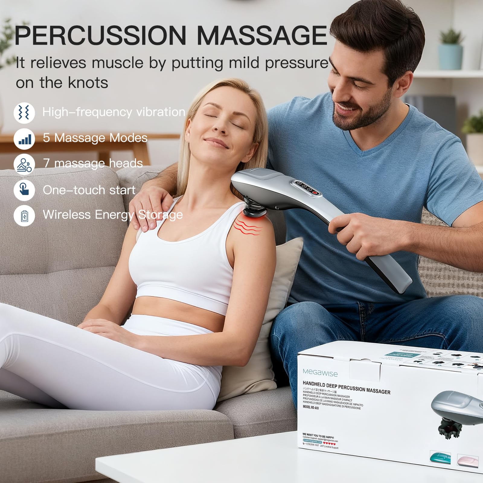 MEGAWISE massager with five plus two heads for customized sensation across back, neck, and shoulders.