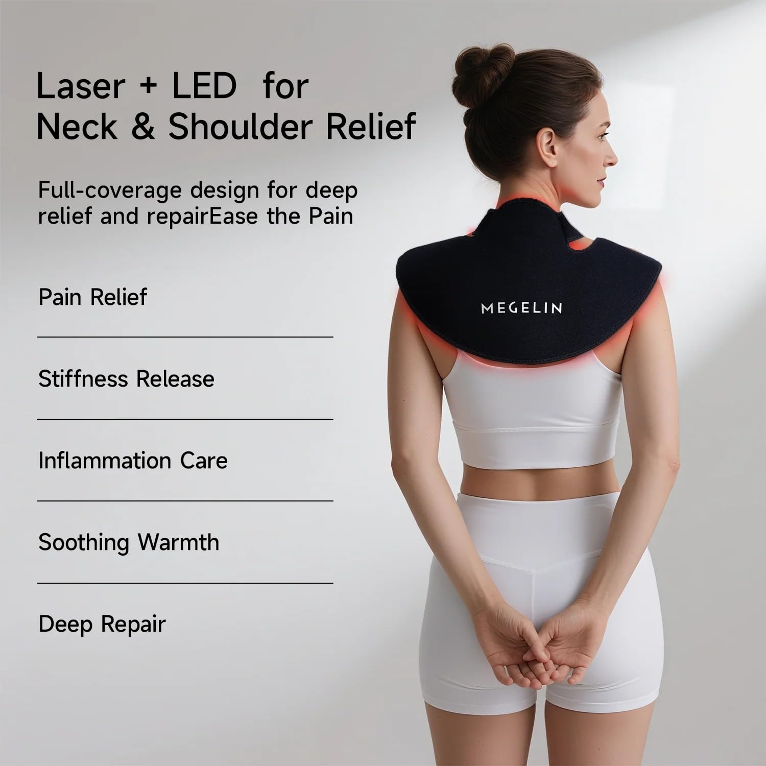 Triple-wavelength Megelin LED Wear soothes shoulder tension at home or on the go