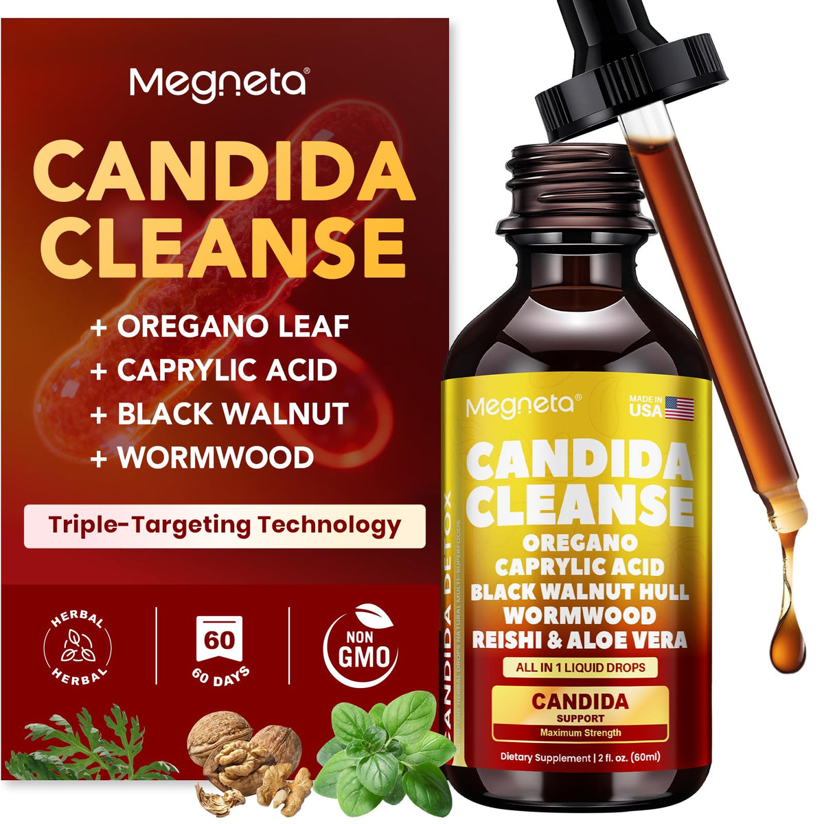MEGNETA Candida Cleanse bottle displaying triple-targeting action for digestive balance