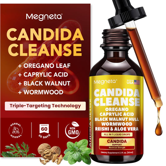 MEGNETA Candida Cleanse bottle displaying triple-targeting action for digestive balance
