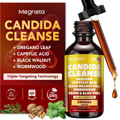 MEGNETA Candida Cleanse bottle displaying triple-targeting action for digestive balance