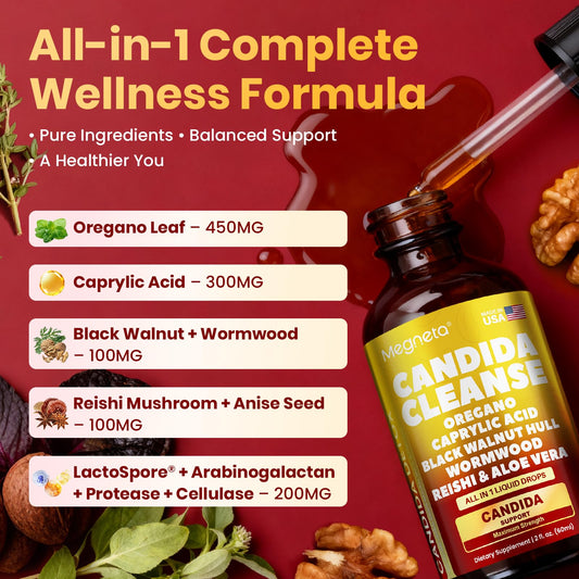 MEGNETA Candida Cleanse caprylic acid detail highlighting targeted yeast support