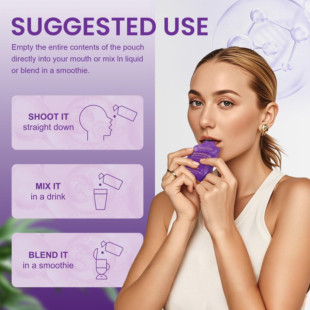Single-serve MEGNETA Liposomal Glutathione travel pack for busy routines.