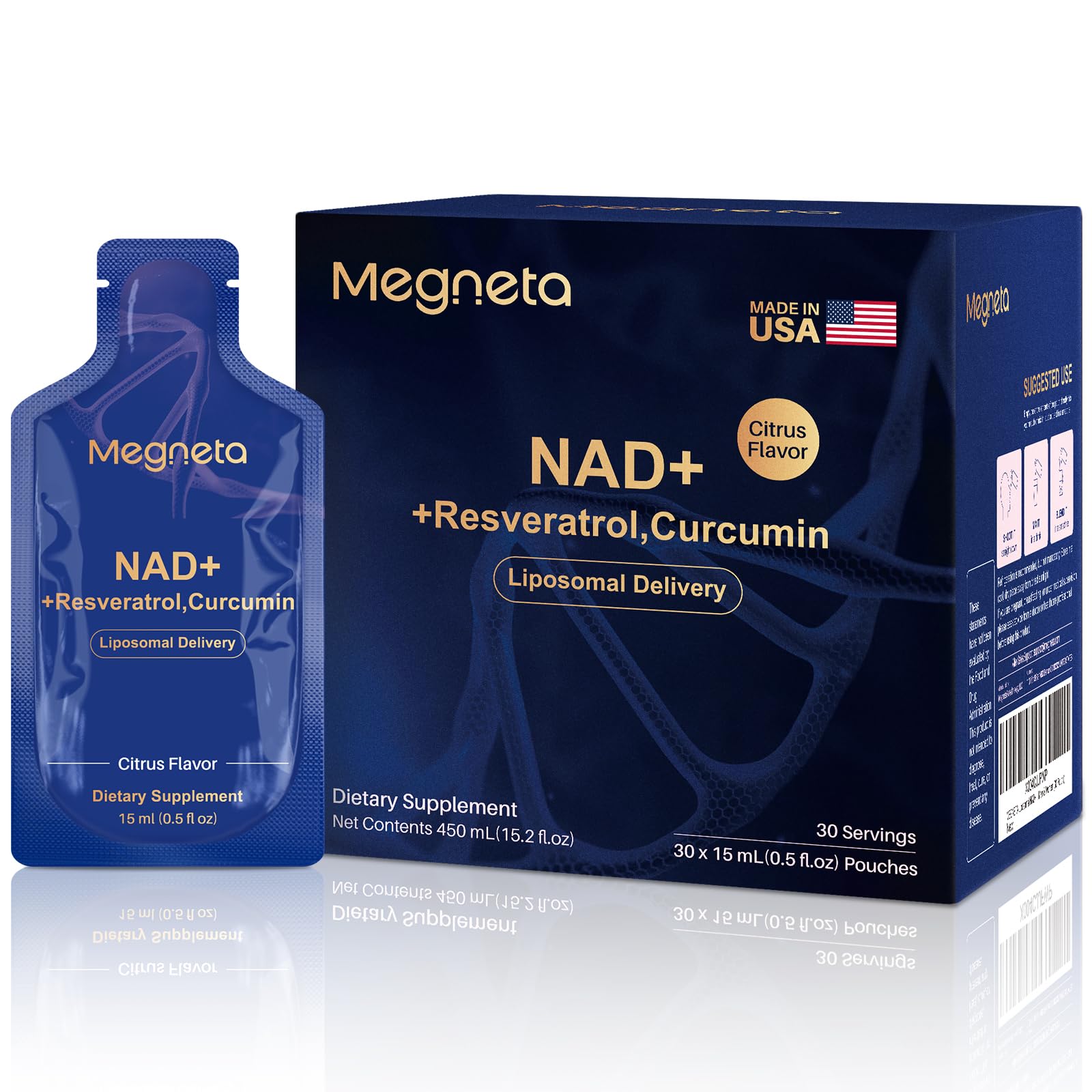 MEGNETA Liposomal NAD+ bottle closeup highlighting liquid formula for easy daily use.
