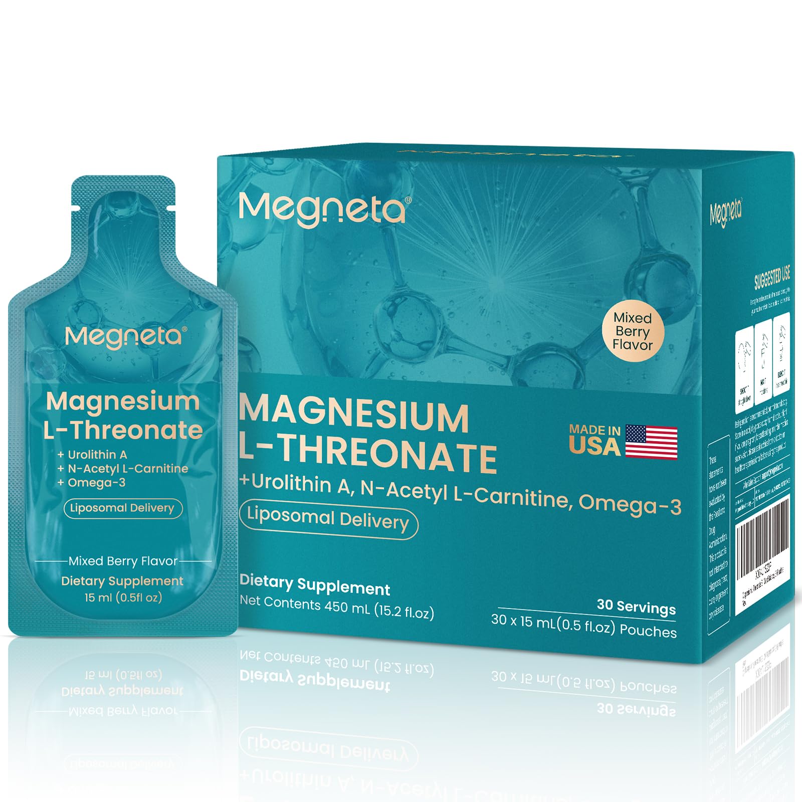 MEGNETA magnesium-l-threonate bottle shown to highlight high-absorption formula for focus.