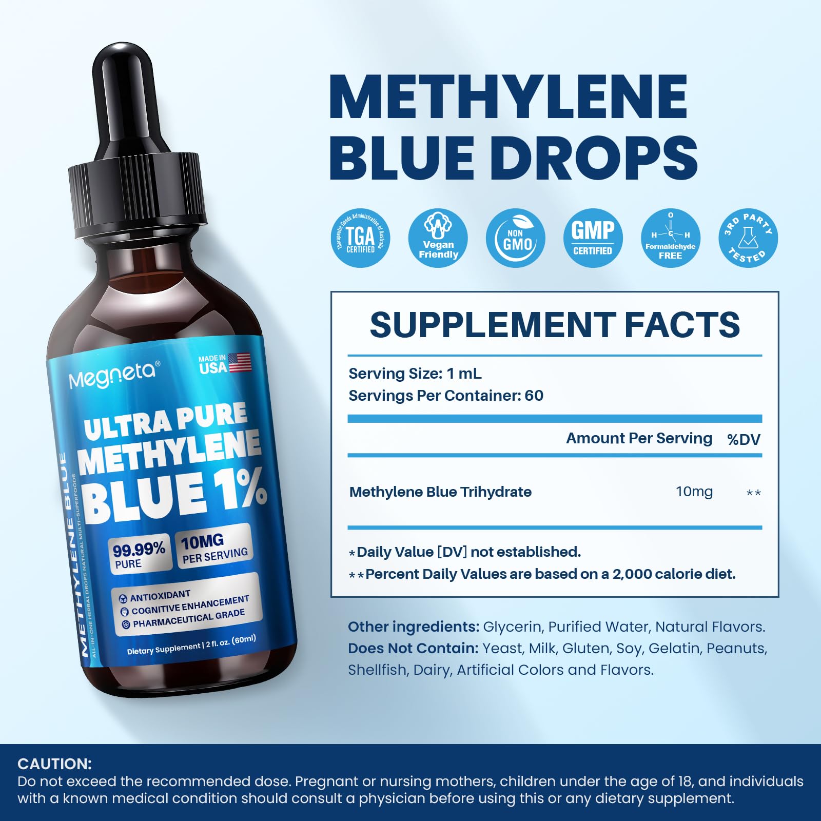 MEGNETA Methylene Blue Drops dropper tip delivering precise dose for cognitive focus