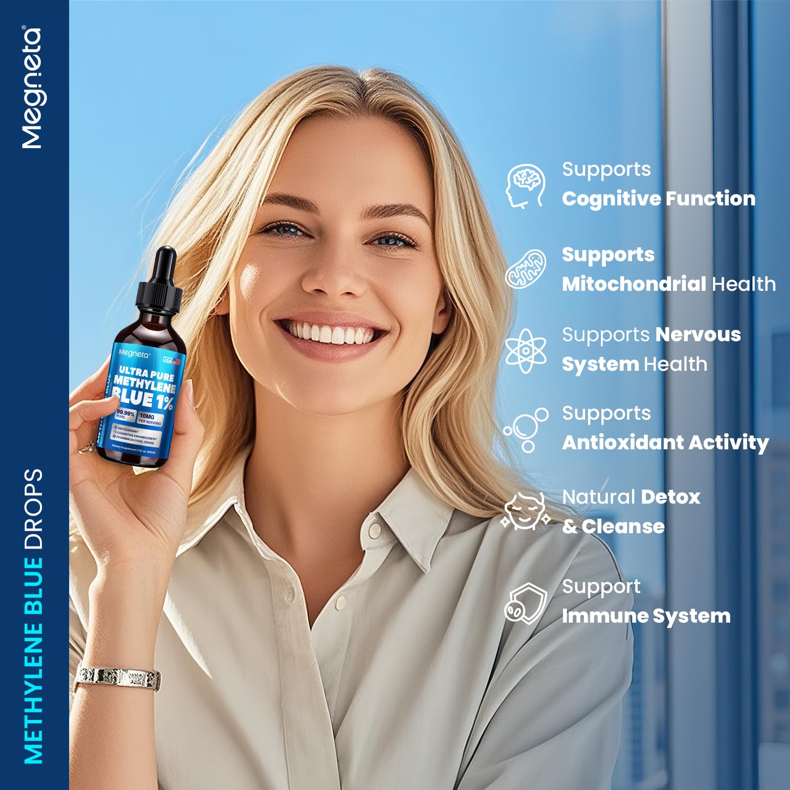 MEGNETA Methylene Blue vial on white background highlighting lab-tested purity