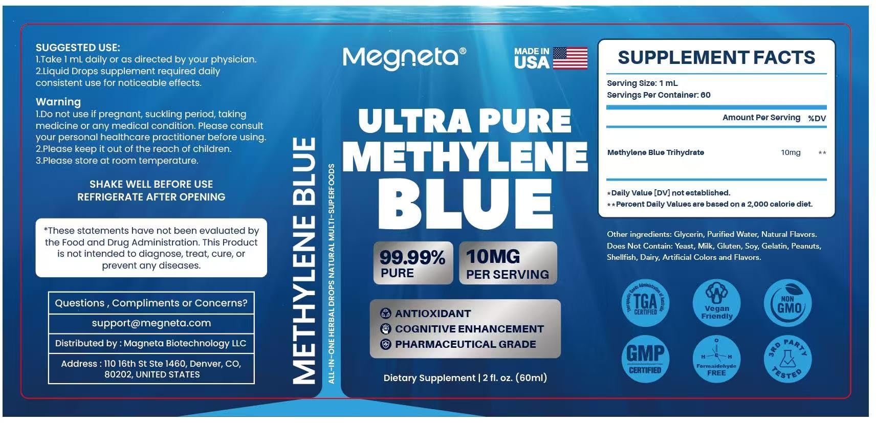 MEGNETA packaging box and bottle indicating Made in USA and GMP-certified facilities