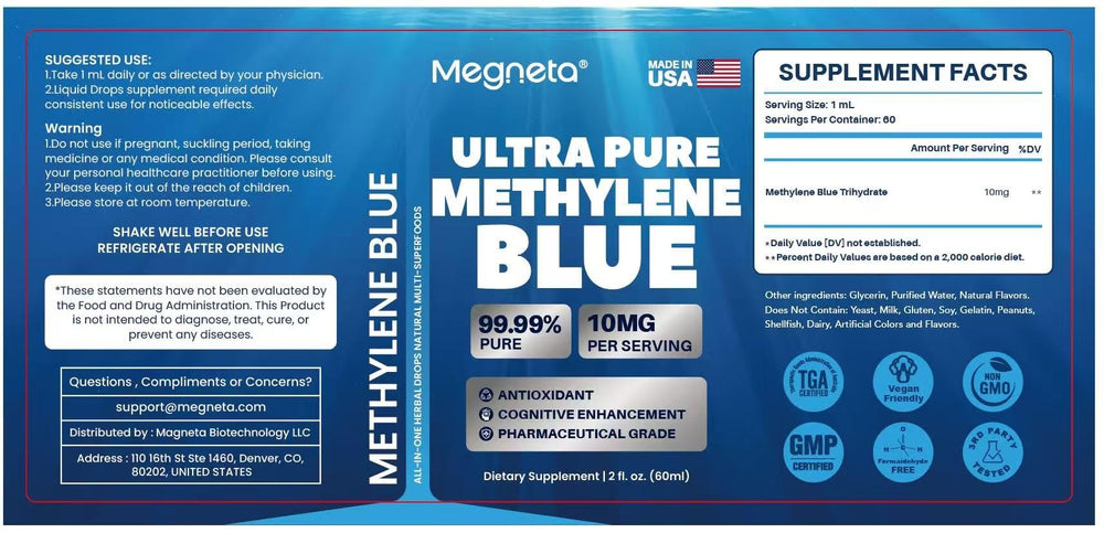 MEGNETA packaging box and bottle indicating Made in USA and GMP-certified facilities