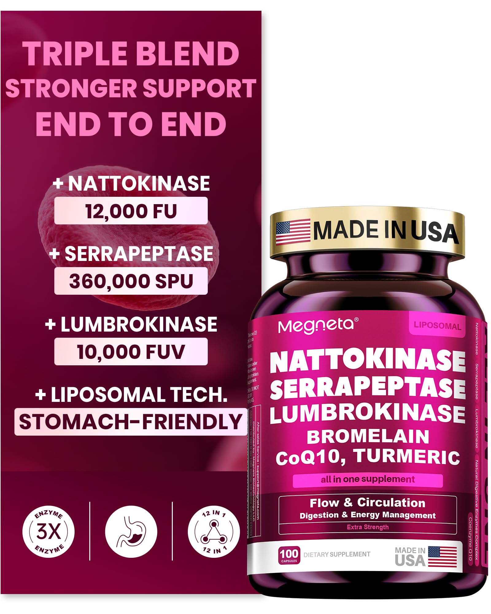 MEGNETA nattokinase 12,000 FU bottle for circulatory support