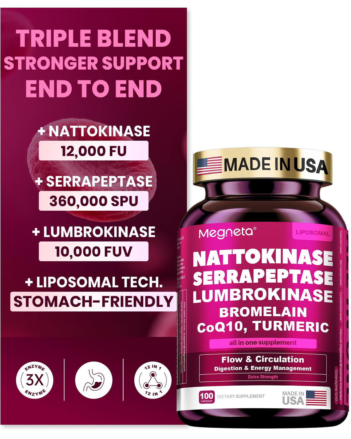 MEGNETA nattokinase 12,000 FU bottle for circulatory support