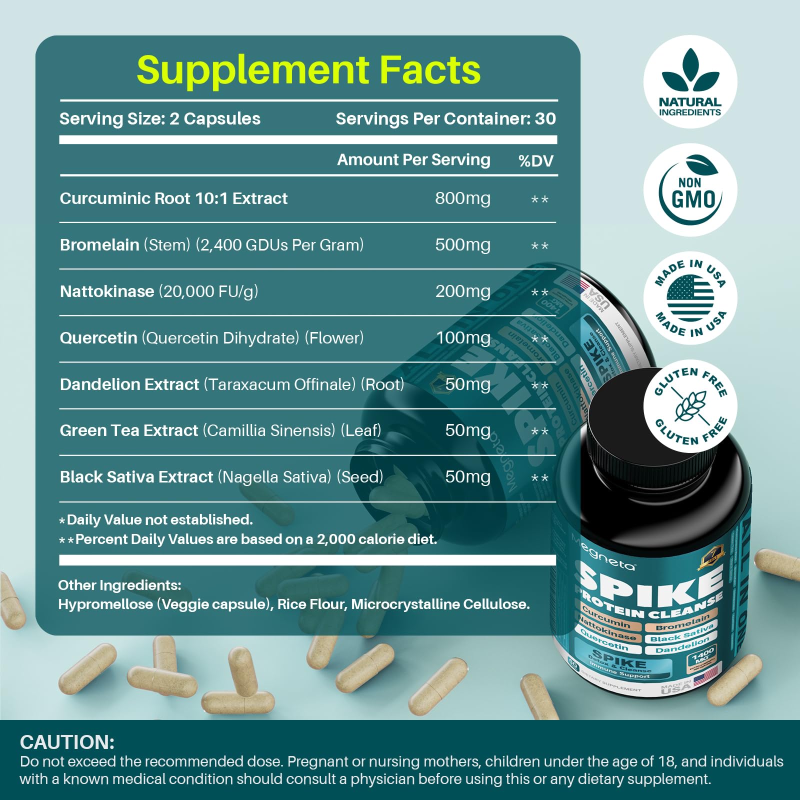 MEGNETA Spike Support packaging highlights USA-made, non-GMO, gluten-free quality.