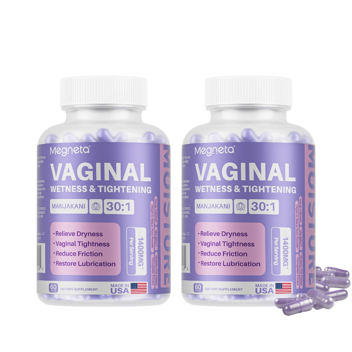 MEGNETA vaginal tightening capsules pack front boosts discreet daily use and potential firmness.