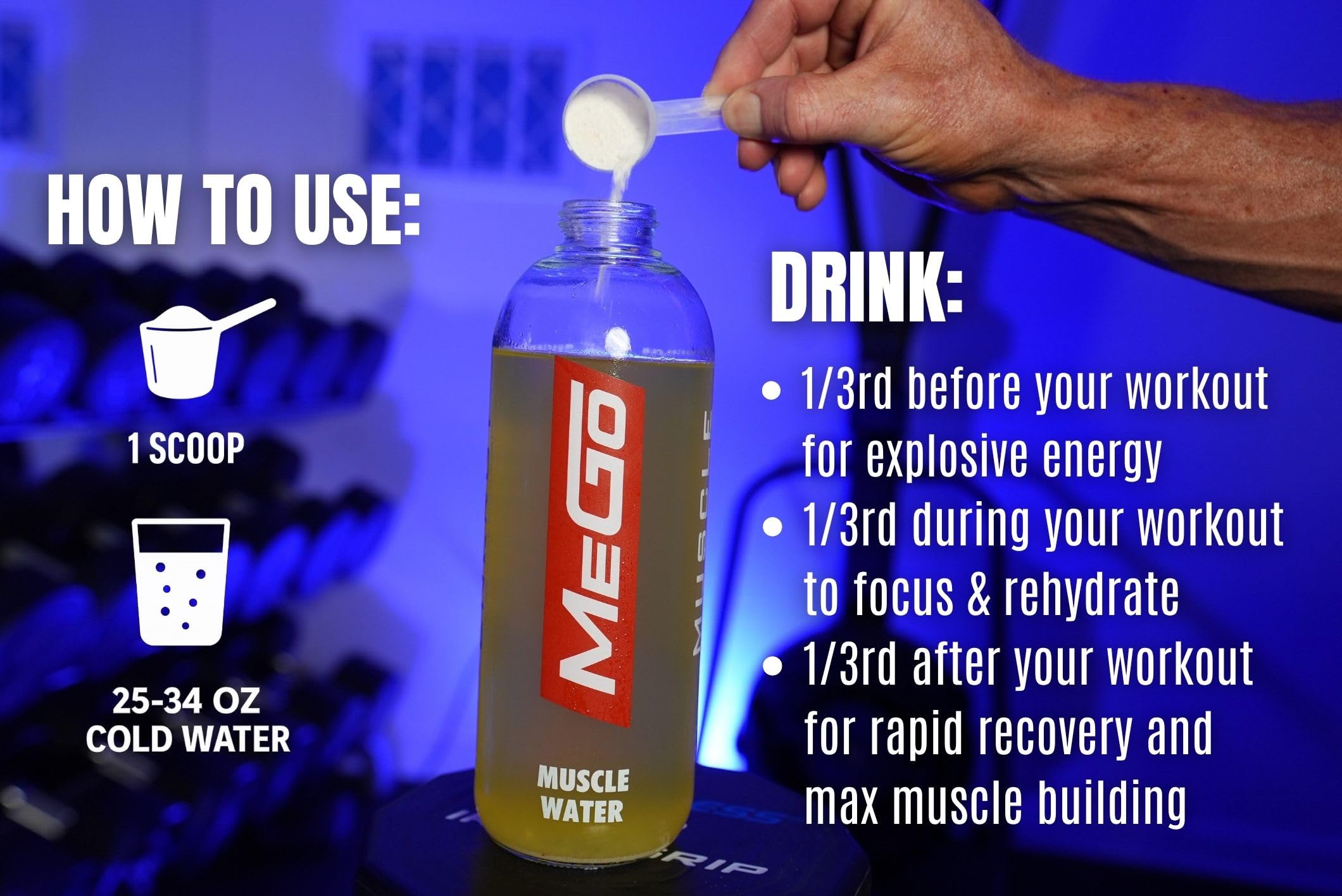 MEGO Muscle Water ingredient label highlights creatine and BCAAs