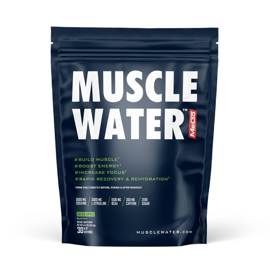 MEGO Muscle Water front bottle ready-to-use pre-workout for sustained energy