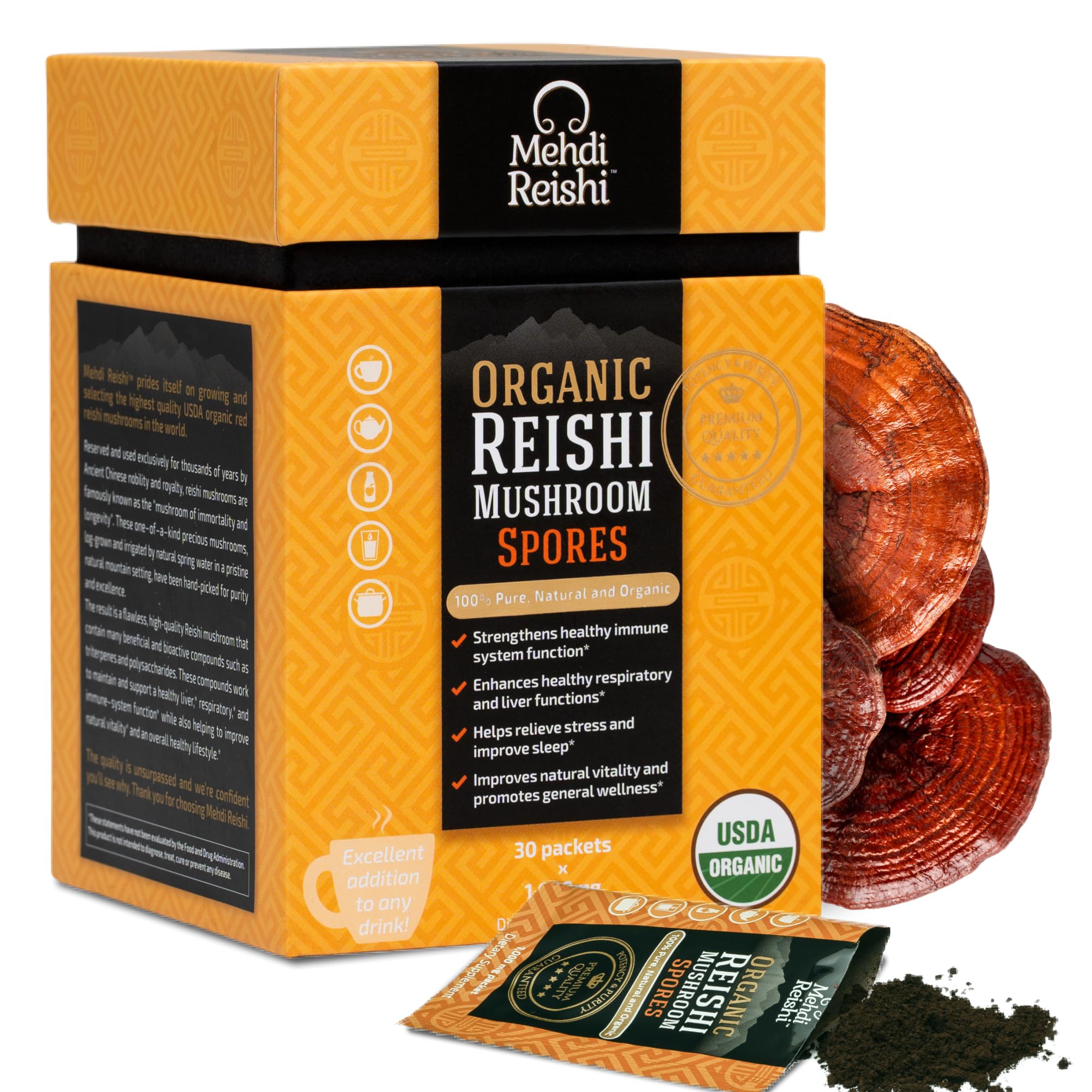 Mehdi Reishi spore powder bottle highlights purity and potency for daily use