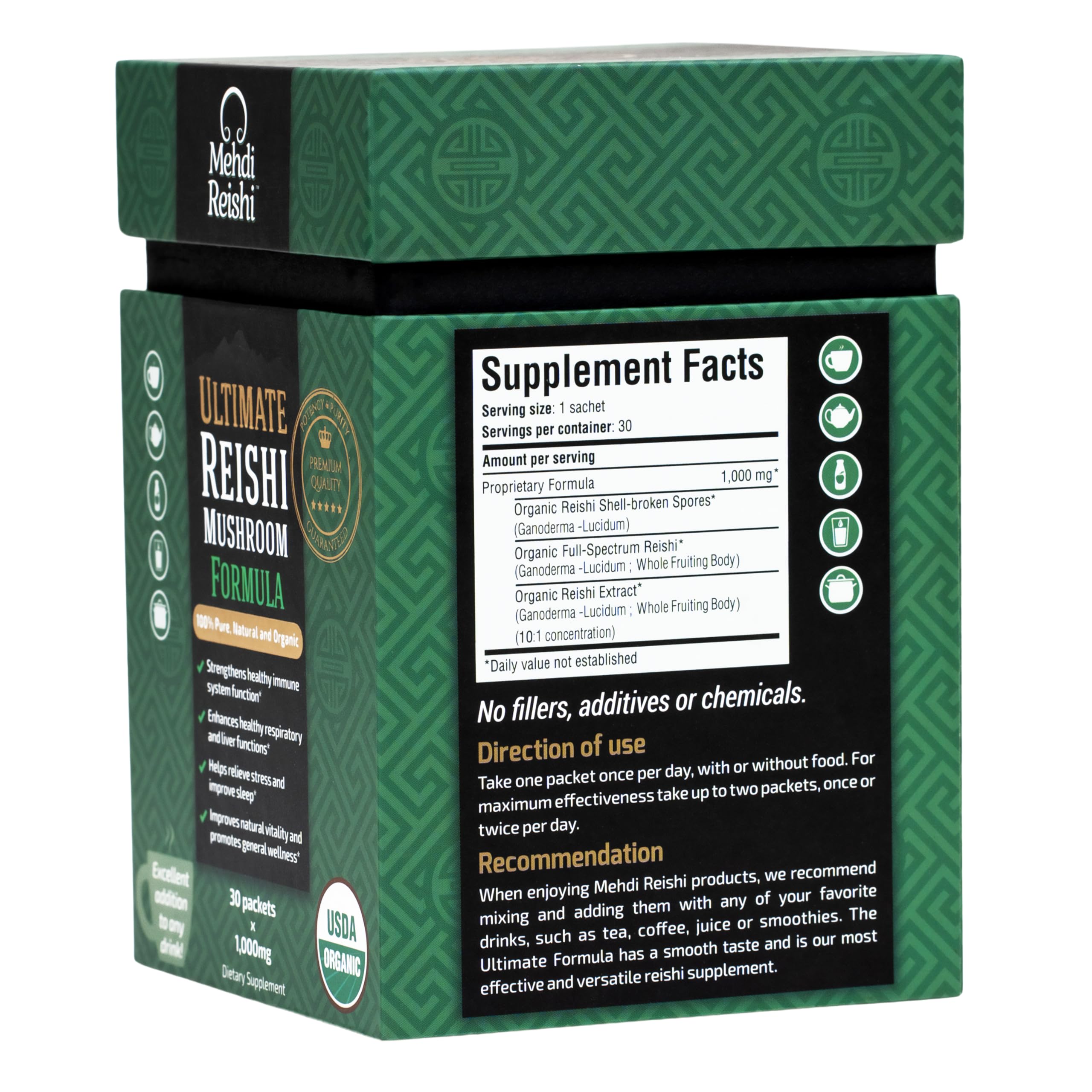 Mehdi Reishi spores powder jar highlighting dual blend purity.